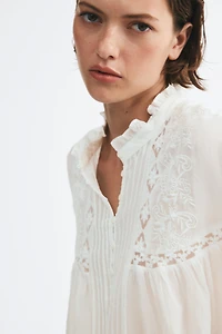 Lace-Inset Balloon-Sleeved Blouse