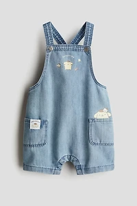 Printed Denim Overall Shorts