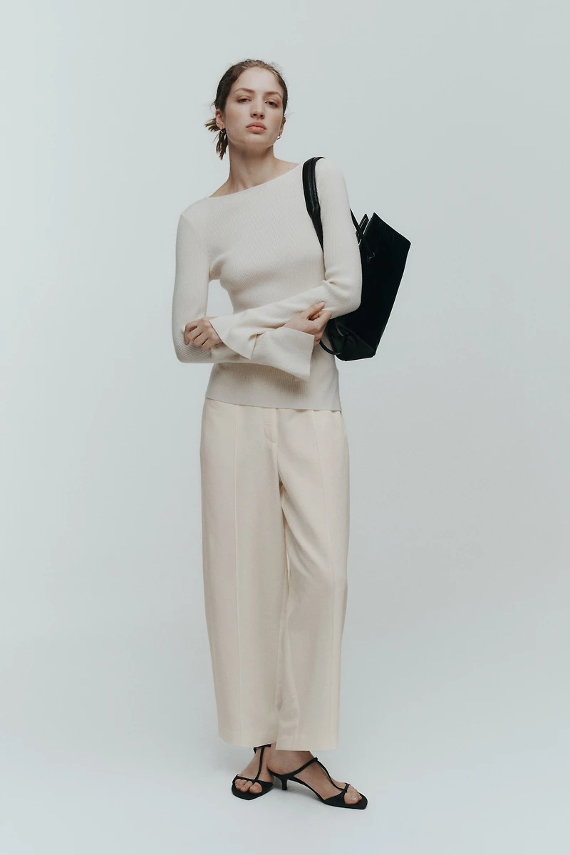 Linen-Blend Barrel-Leg Pants