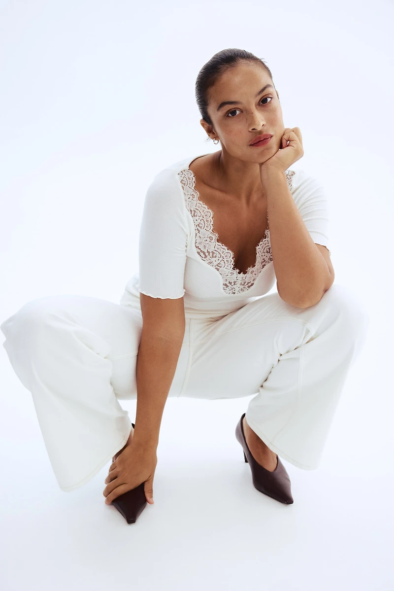 Lace-Trimmed Ribbed Top