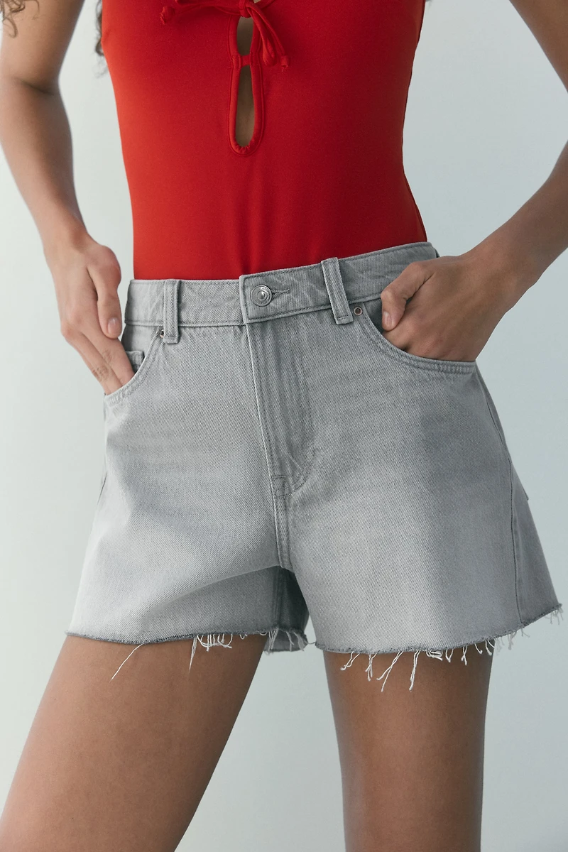 Raw-edge denim shorts