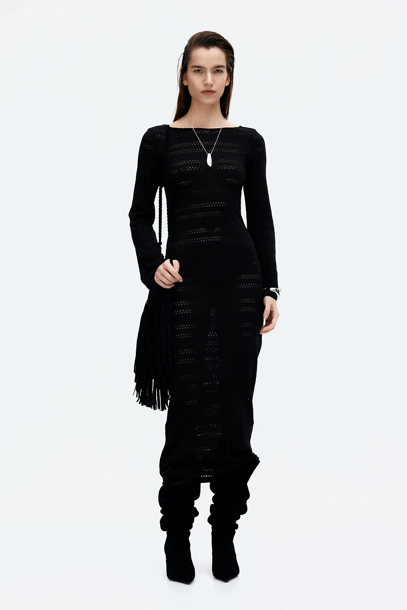 Lacing-Detail Hole-Knit Dress