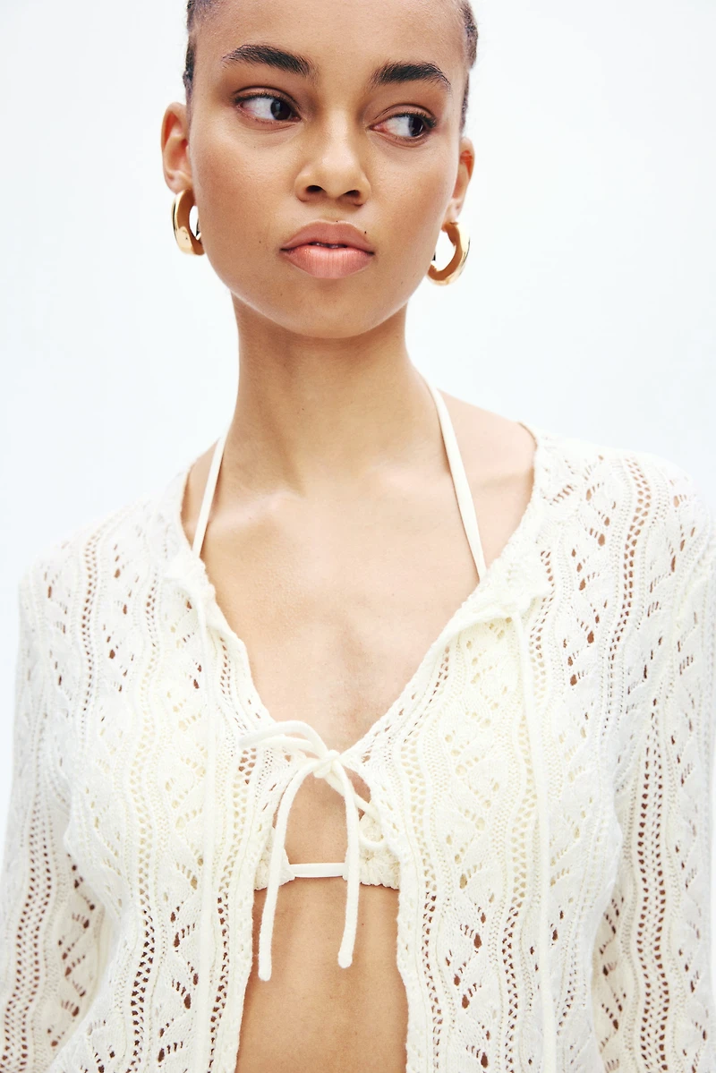 Pointelle-Knit Tie-Front Cardigan