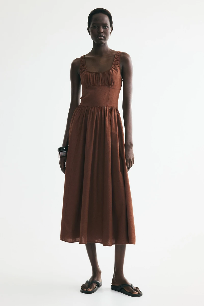 Ruched Linen-Blend Dress