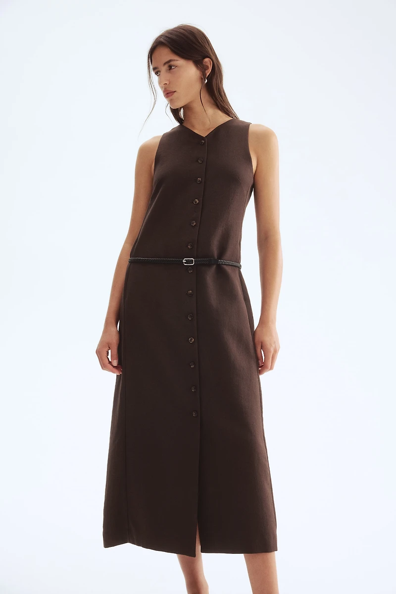Belted Button-Front Dress