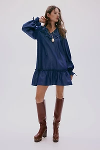 Ruffle-Trimmed Denim Dress
