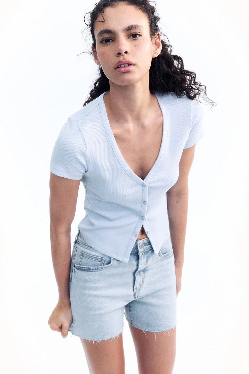 Ribbed Button-Front T-Shirt