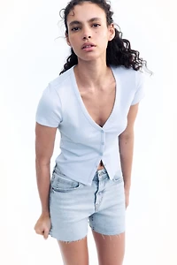 Ribbed Button-Front T-Shirt