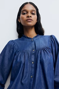 Ruffle-Trimmed Denim Blouse