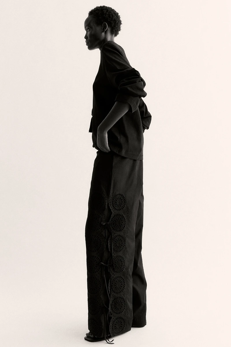Tie-Detail Pants with Eyelet Embroidery