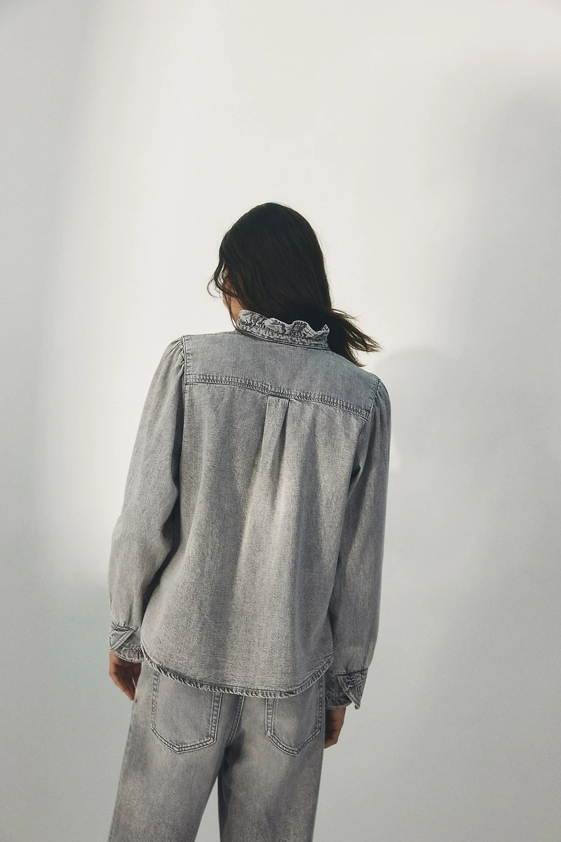 Ruffle-Trimmed Denim Blouse