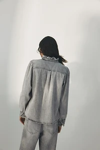 Ruffle-Trimmed Denim Blouse