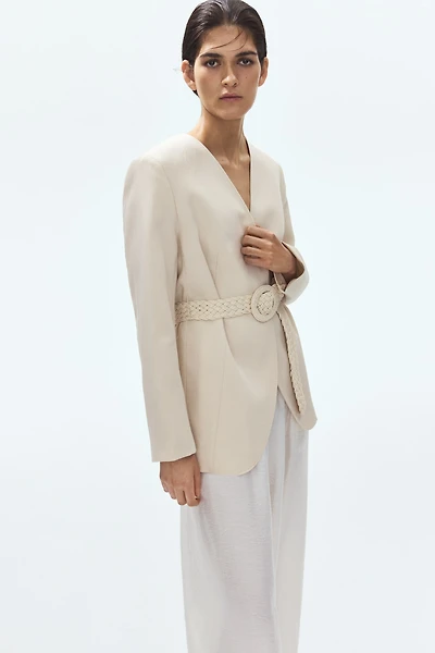 Belted Lapelless Jacket