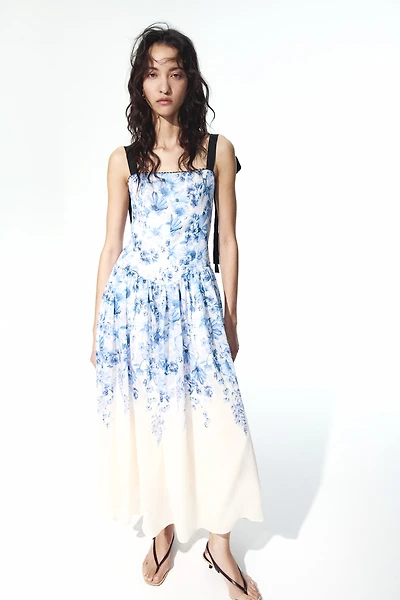 Flared Dress with Tie Shoulder Straps
