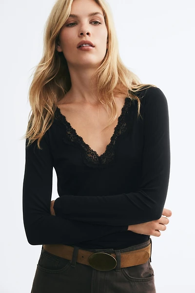 Long-Sleeved Top with Lace Trim