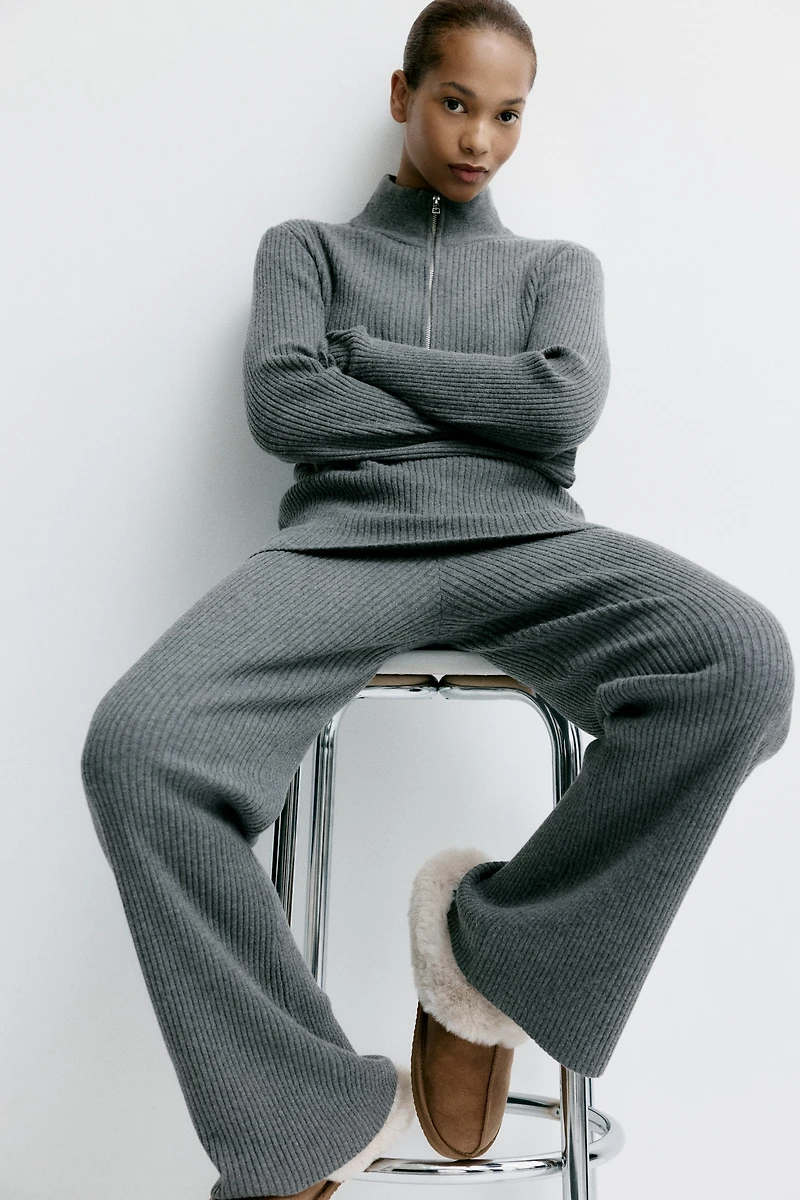 Wide-Leg Rib-Knit Pants