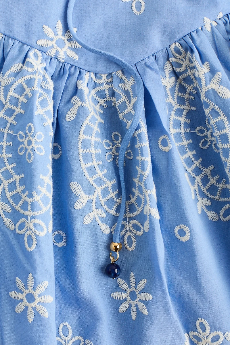 Embroidered Dress with Tie Shoulder Straps