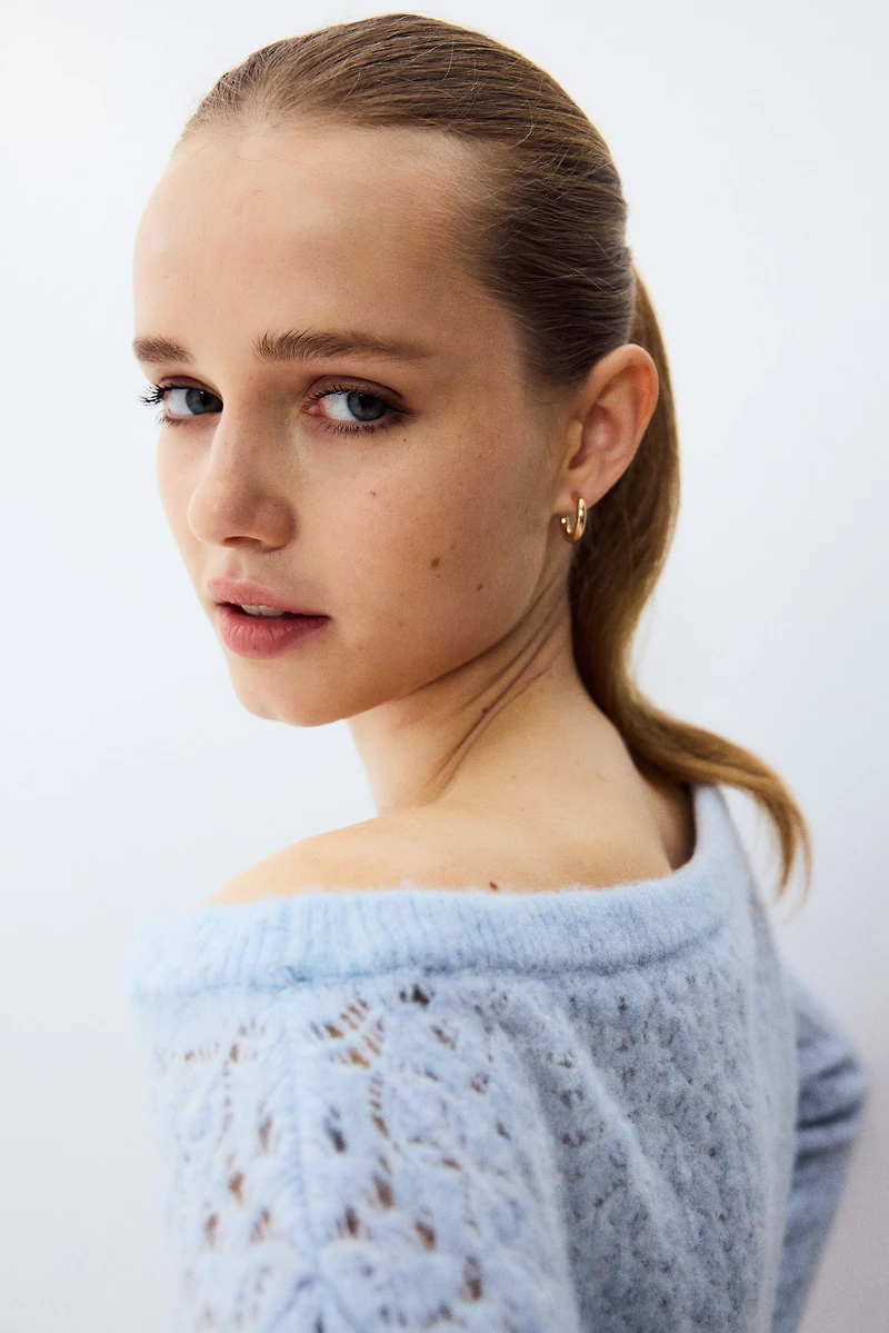 Pointelle-Knit Off-the-Shoulder Sweater