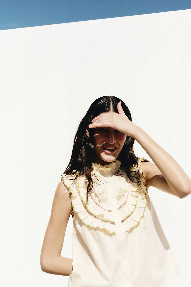 Ruffle-Trimmed Top with Embroidery