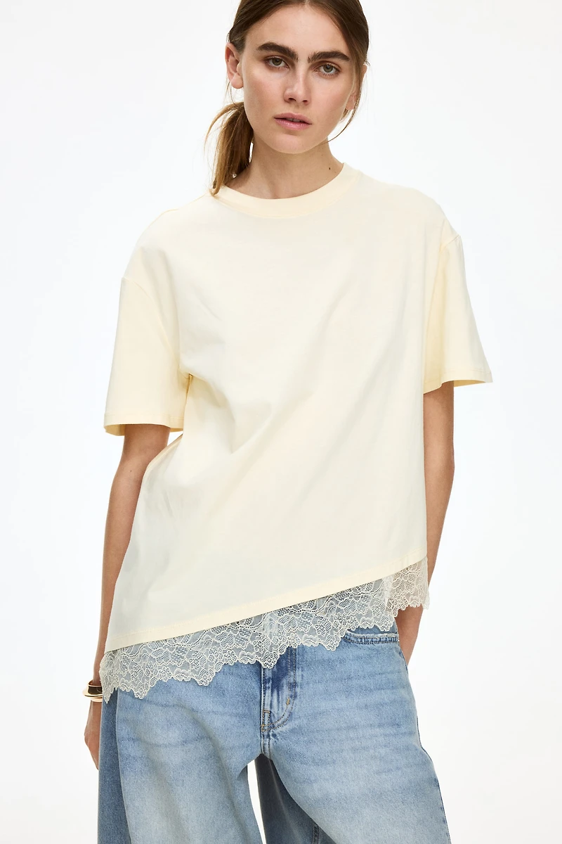 Asymmetric Lace-Trimmed T-Shirt