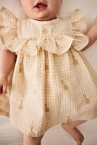 Embroidered-Detail Seersucker Dress