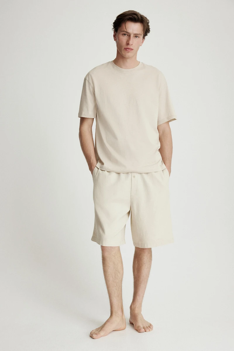 Linen-Blend Pajama T-Shirt and Shorts