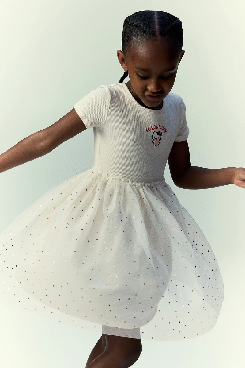 Motif-Detail Dress with Tulle Skirt