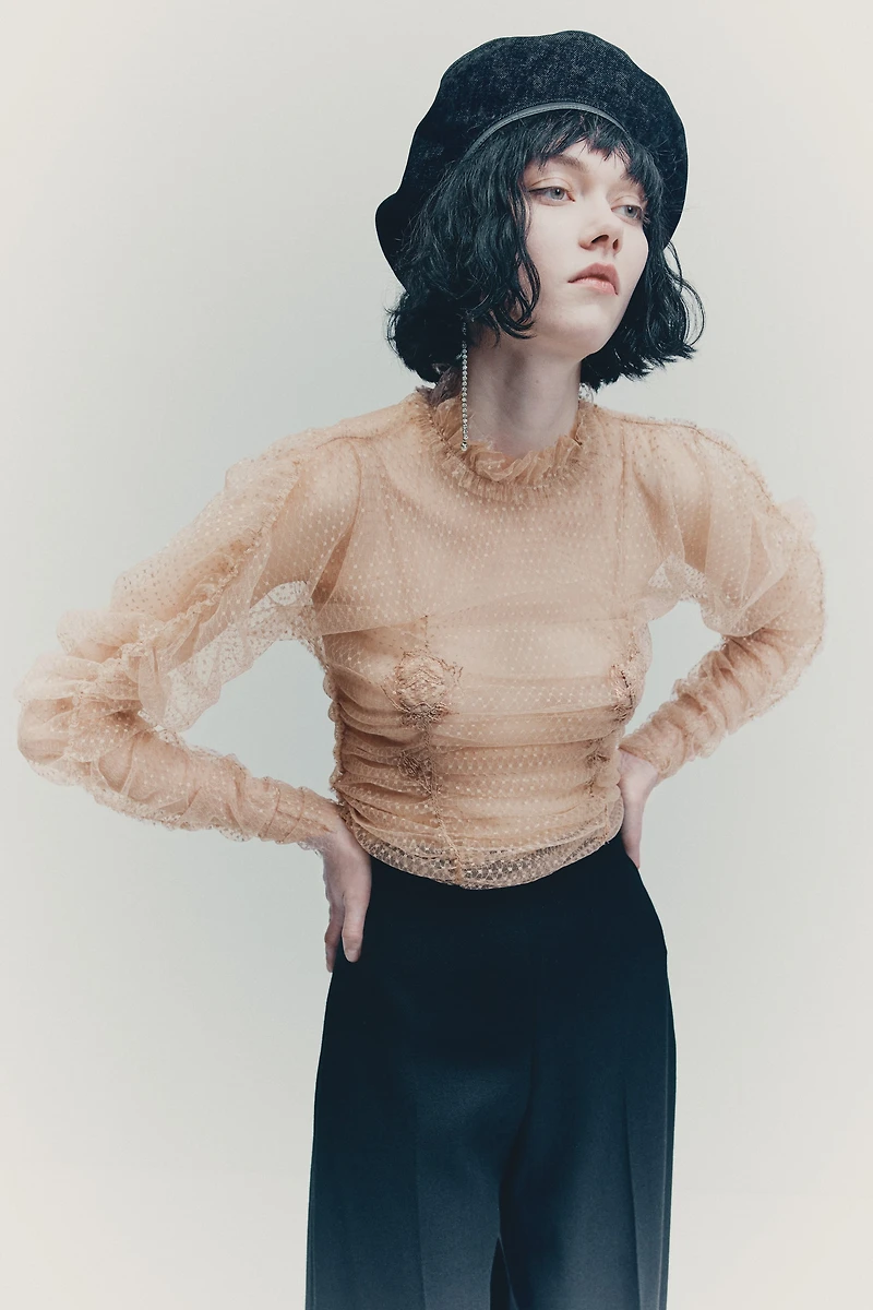 Embroidered Mesh Top