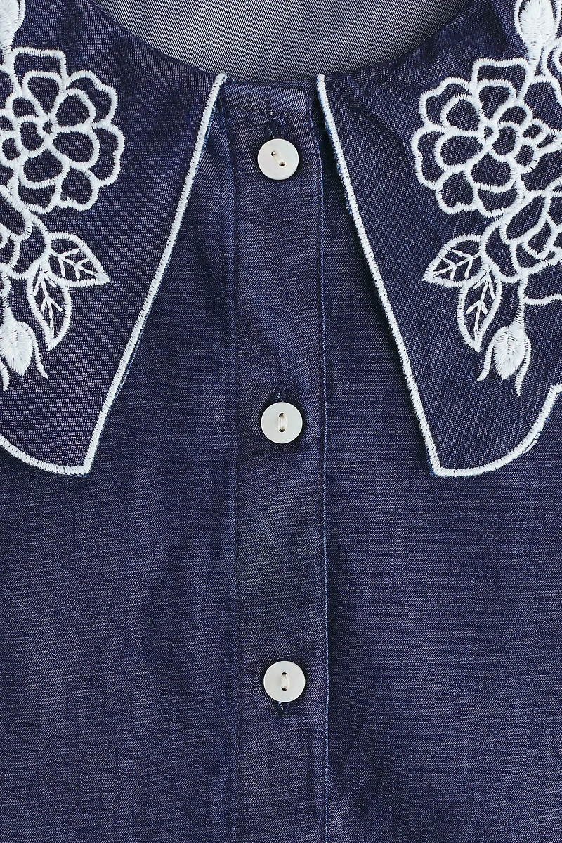 Embroidered-Collar Denim Blouse