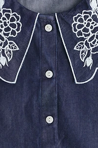 Embroidered-Collar Denim Blouse