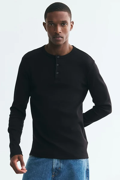 Slim-Fit Ribbed Cotton Henley Shirt