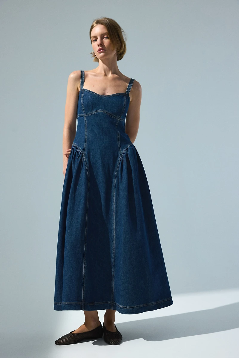 Flared-Skirt Denim Dress