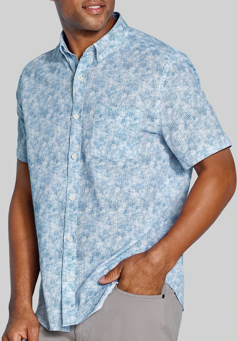 Johnston & Murphy Tailored Fit Floral Tile Short Sleeve Linen Blend Button Up Shirt