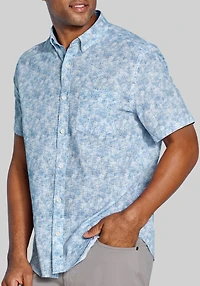 Johnston & Murphy Tailored Fit Floral Tile Short Sleeve Linen Blend Button Up Shirt