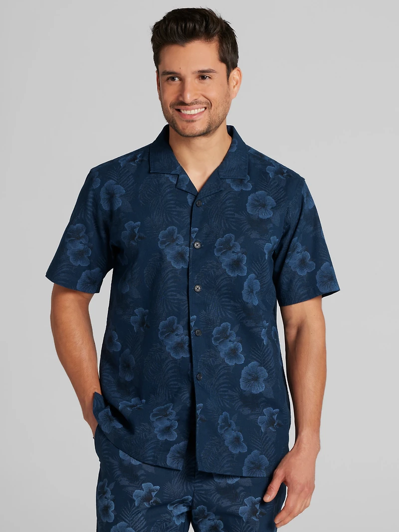 Modern Fit Hibiscus Linen Blend Camp Shirt