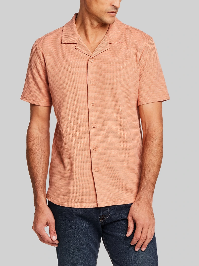 Regular Fit Variegated Microstripe Coat-Front Short Sleeve Shirt
