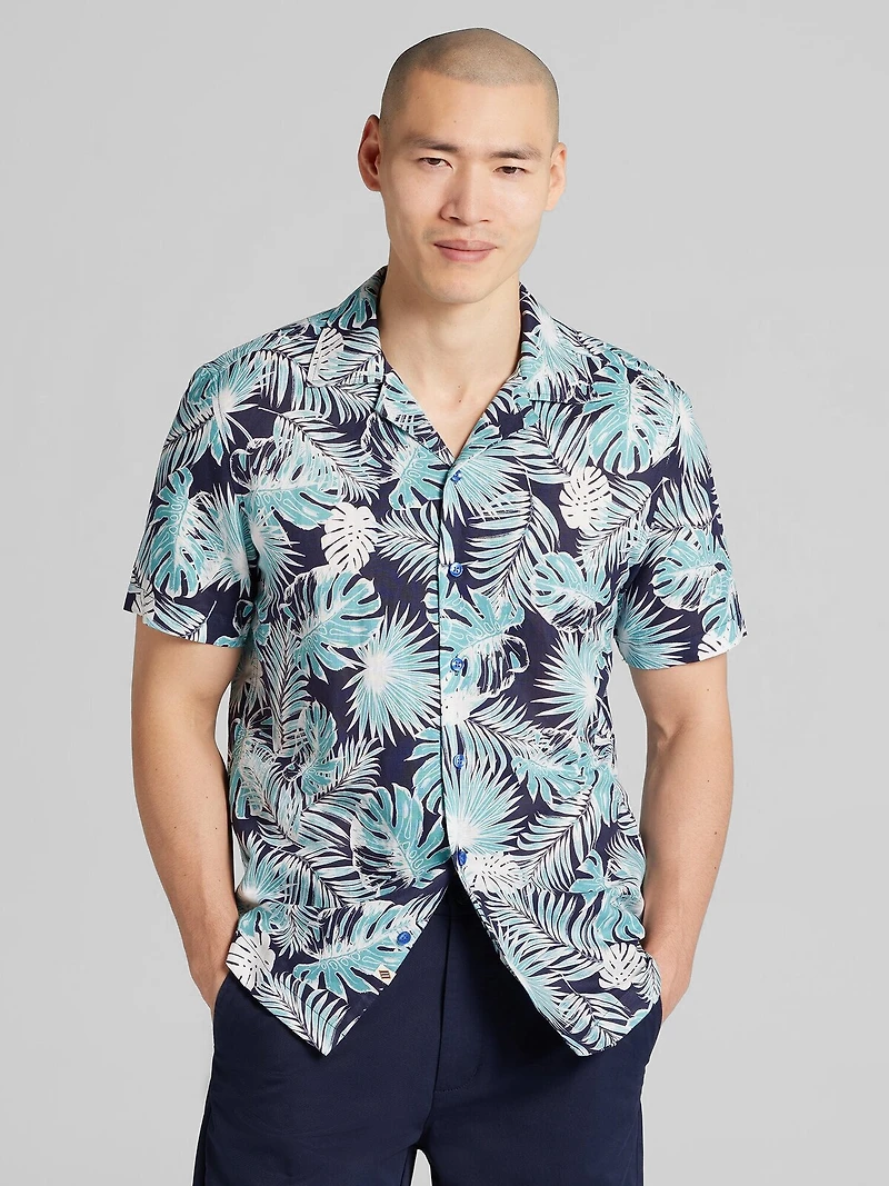 Modern Fit Linen Blend Short Sleeve Camp Shirt