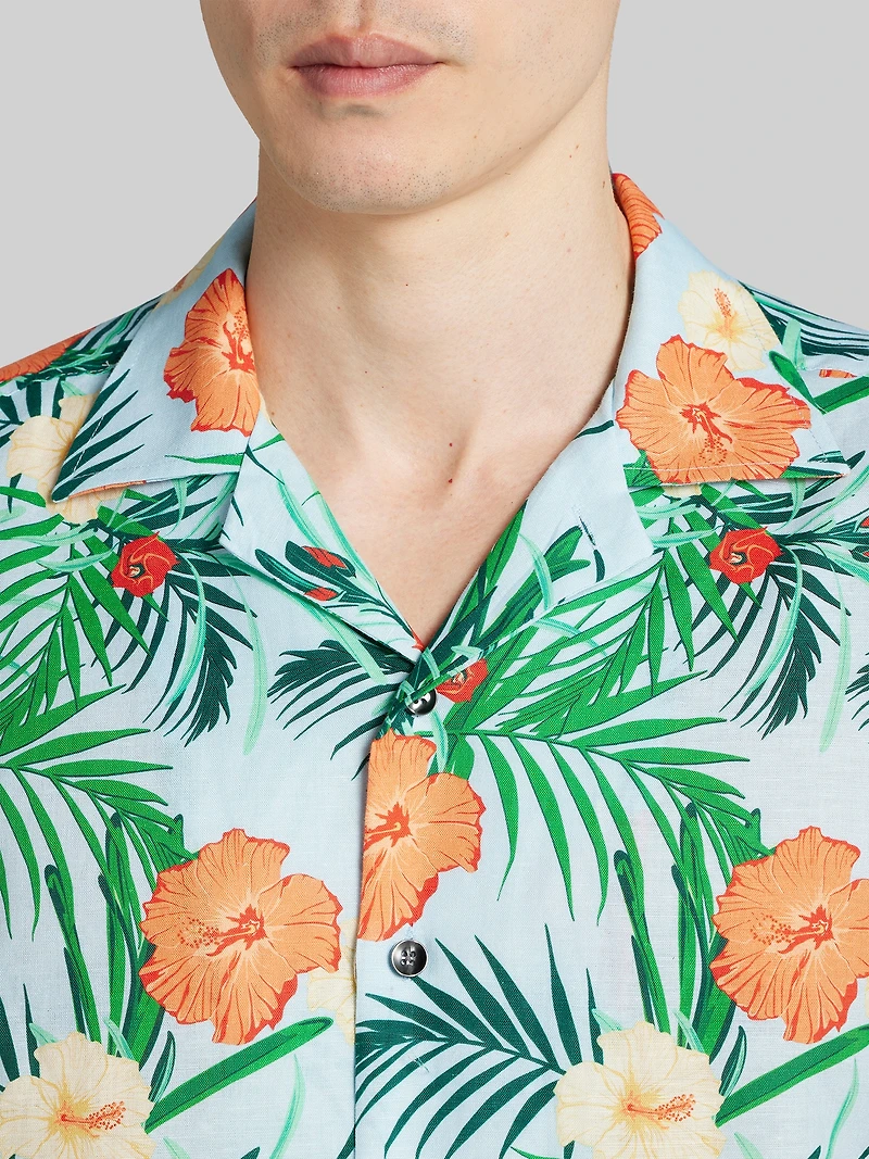 Modern Fit Tropical Hibiscus and Palm Camp Shirt