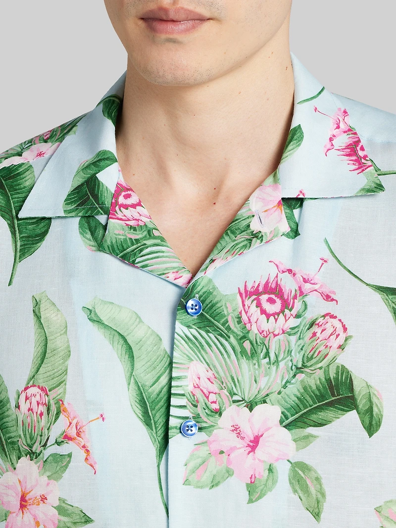 Modern Fit Tropical Hibiscus and Leaves Camp Shirt