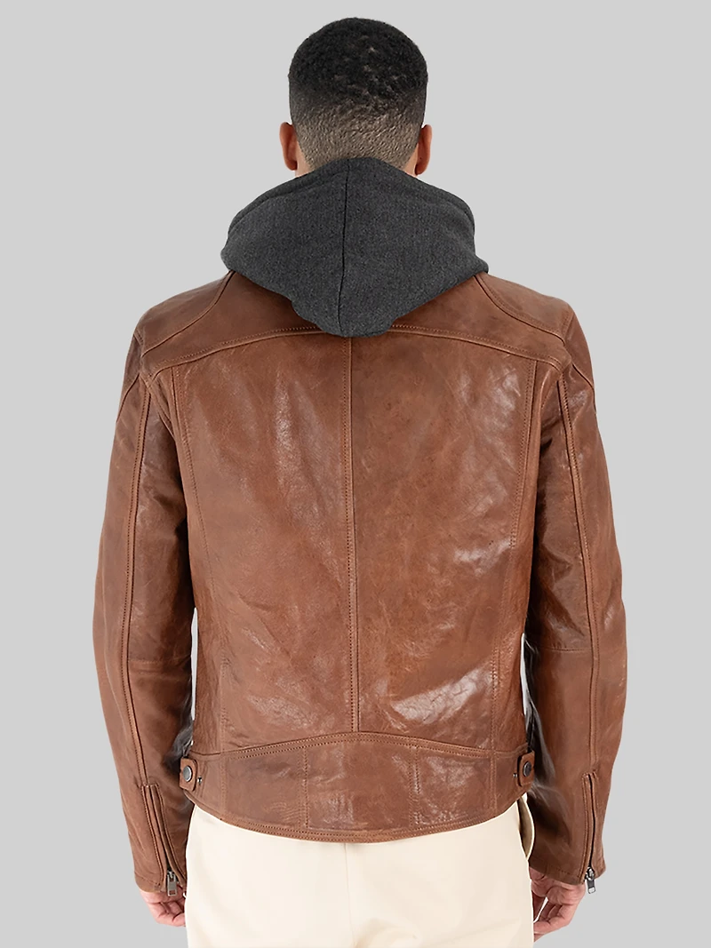 Leather Zip Bomber with Removeable Hood