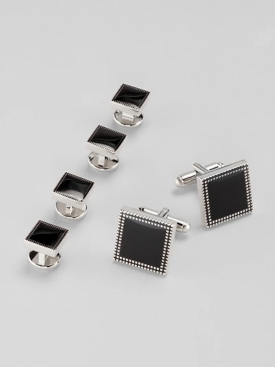 Etched Square Bead Cufflink and Stud Set
