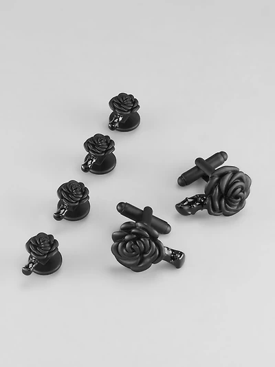 Matte Black Rose Cufflink and Stud Set