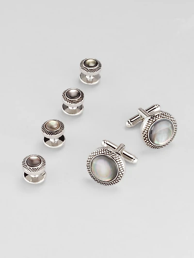 Round Etched Frame Clear Stone Cufflink and Stud Set
