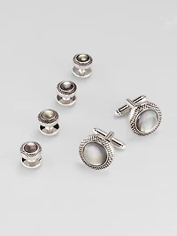 Round Etched Frame Clear Stone Cufflink and Stud Set