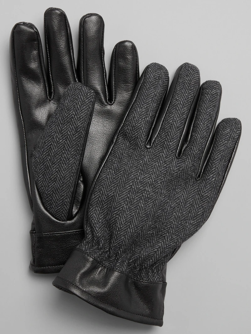 Herringbone & Faux Leather Gloves