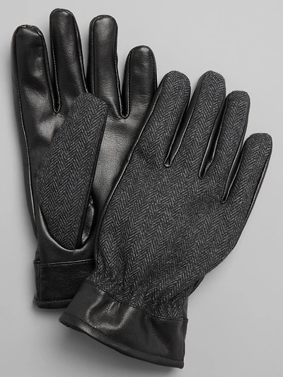 Herringbone & Faux Leather Gloves