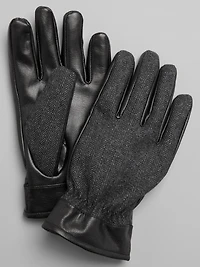 Herringbone & Faux Leather Gloves