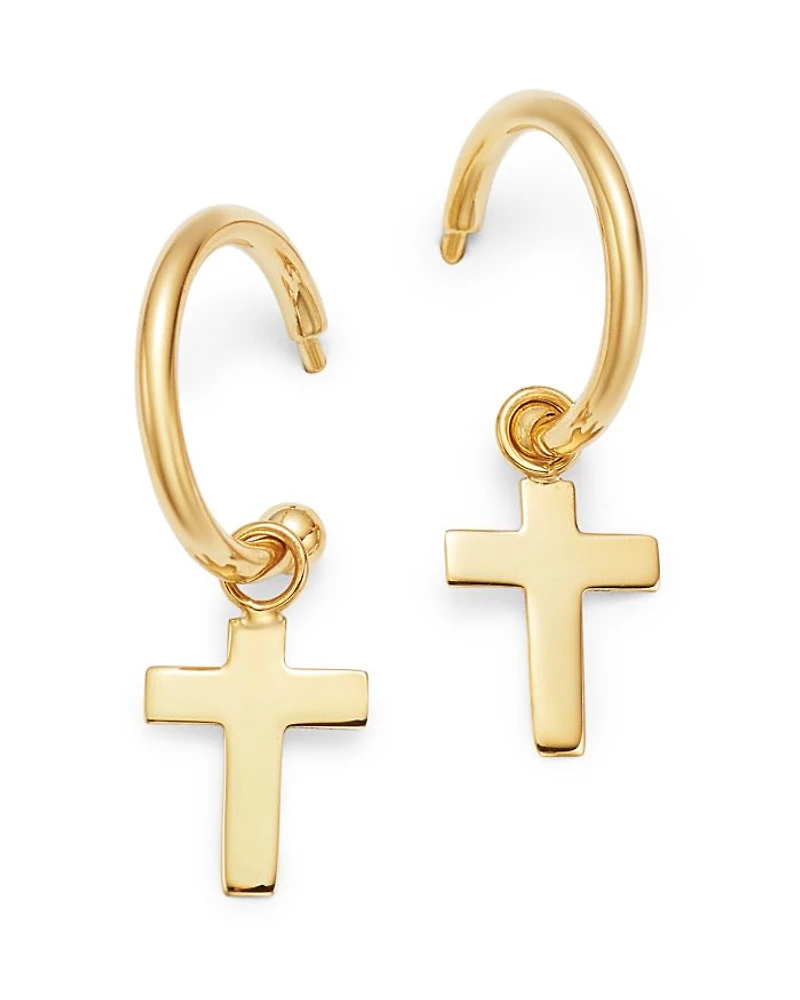14K Yellow Gold Small Dangling Cross Hoop Earrings - Exclusive