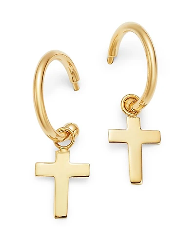 14K Yellow Gold Small Dangling Cross Hoop Earrings - Exclusive