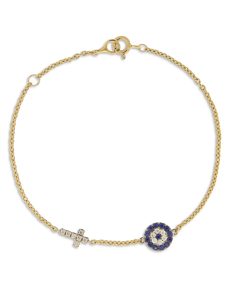Bloomingdale's Fine Collection Blue Sapphire & Diamond Evil Eye & Cross Link Bracelet